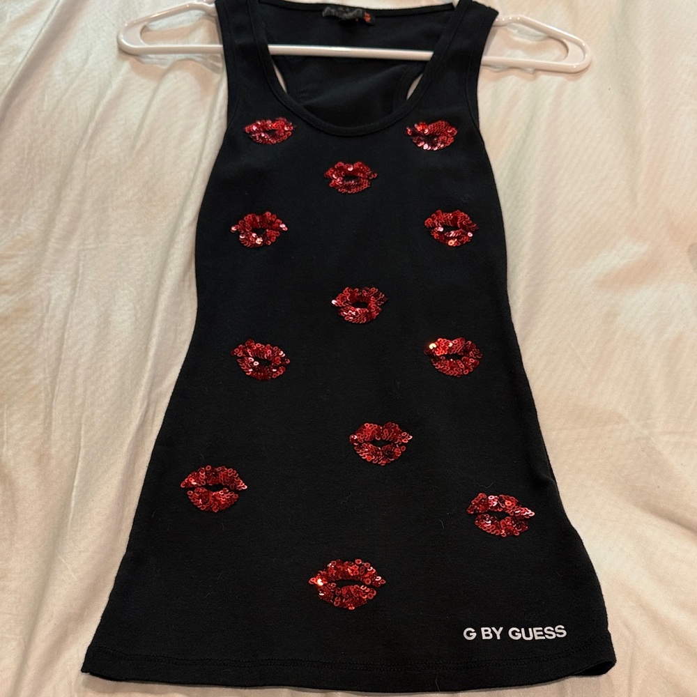 G by Guess Black Tank with Red Sequin Lip Motif
